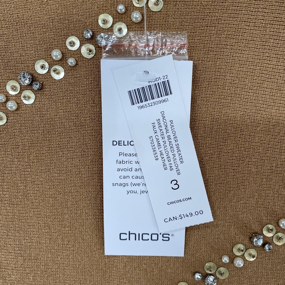 Chicos Sweater Womens 3 / XL Brown Diagonal Beaded‎ Neutral Knit Pullover Sequin - Picture 5 of 15